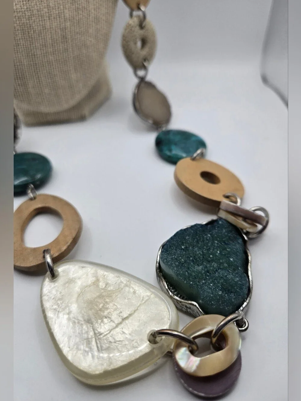Chico's Teal Wood Silver Mixed Media Necklace Druzy Labradorite Turquoise READ